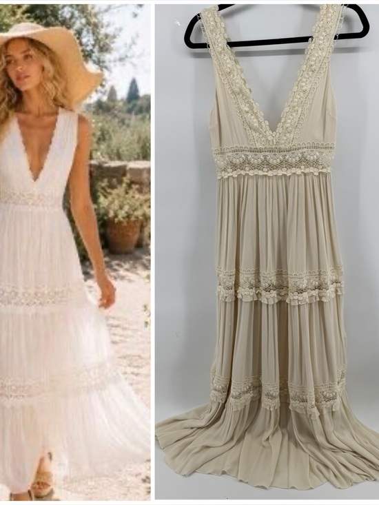 Forever 21 Dresses & Skirts - Forever 21 Cream Lace-Trim V-Neck Maxi Dress Women's Size Small Boho